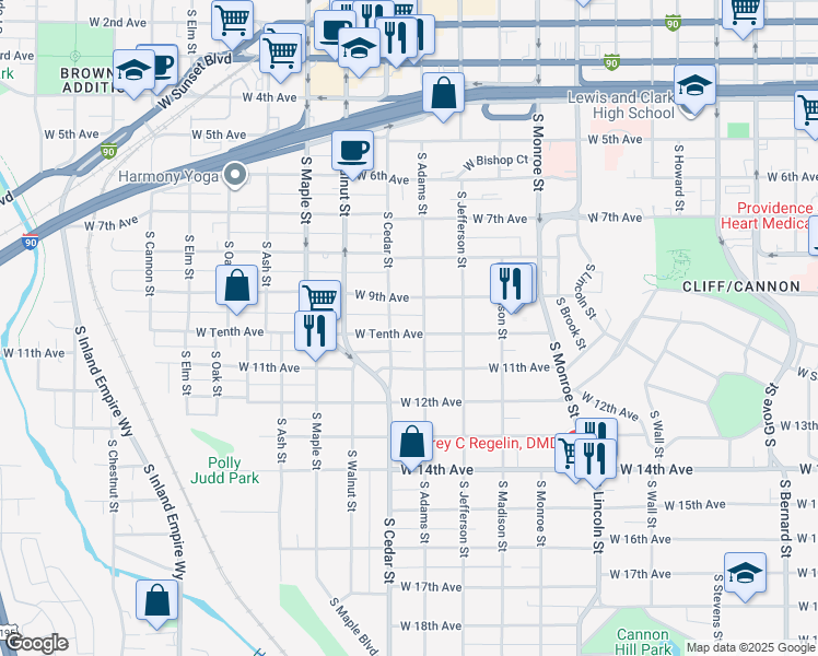 map of restaurants, bars, coffee shops, grocery stores, and more near 1005 South Cedar Street in Spokane