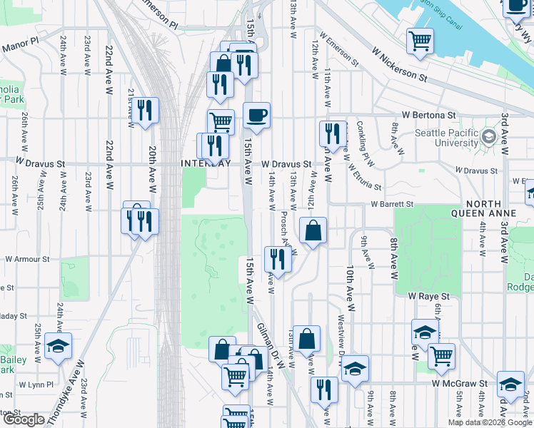 map of restaurants, bars, coffee shops, grocery stores, and more near 2840 14th Avenue West in Seattle
