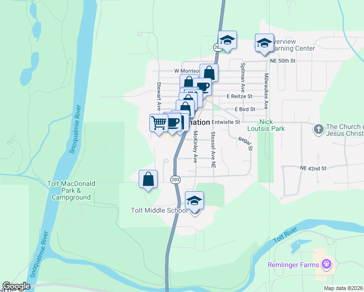 map of restaurants, bars, coffee shops, grocery stores, and more near 4272 Tolt Avenue in Carnation