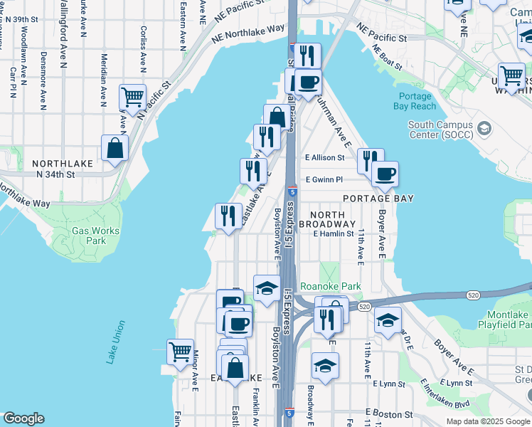 map of restaurants, bars, coffee shops, grocery stores, and more near 2829 Franklin Avenue East in Seattle