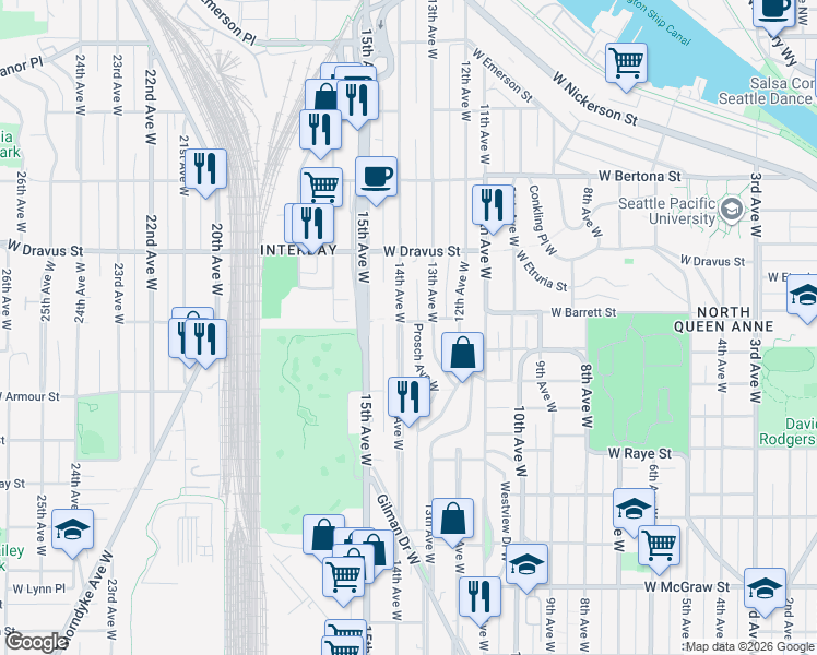 map of restaurants, bars, coffee shops, grocery stores, and more near 2856 14th Avenue West in Seattle