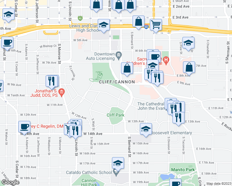 map of restaurants, bars, coffee shops, grocery stores, and more near 516 West Sumner Avenue in Spokane