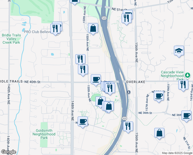 map of restaurants, bars, coffee shops, grocery stores, and more near 15120 Northeast 40th Street in Redmond