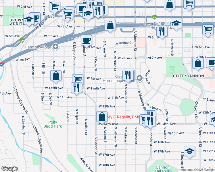 map of restaurants, bars, coffee shops, grocery stores, and more near 1221 West Tenth Avenue in Spokane