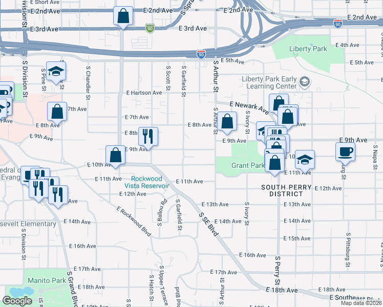 map of restaurants, bars, coffee shops, grocery stores, and more near 909 East 10th Avenue in Spokane