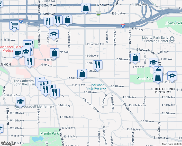 map of restaurants, bars, coffee shops, grocery stores, and more near 603 East 10th Avenue in Spokane