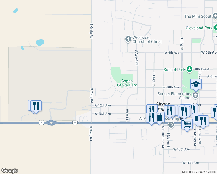 map of restaurants, bars, coffee shops, grocery stores, and more near 13727 West Bergen Drive in Airway Heights