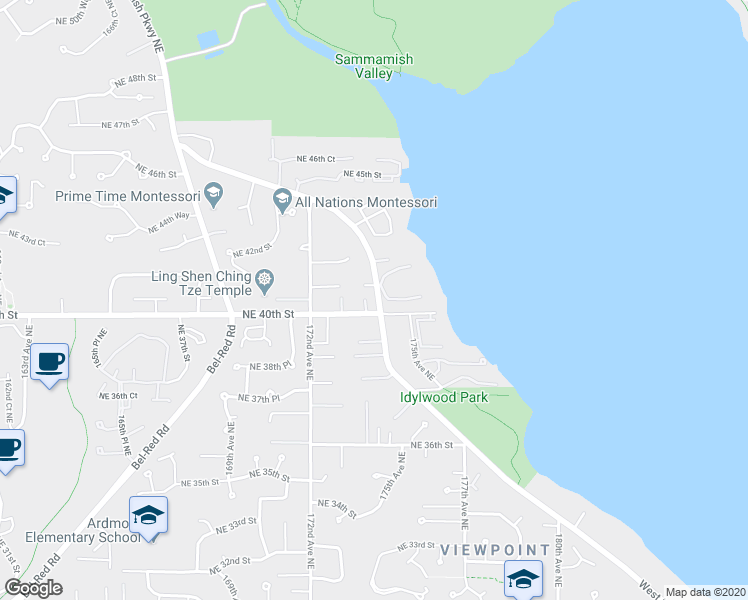 map of restaurants, bars, coffee shops, grocery stores, and more near 17420 Northeast 40th Street in Redmond
