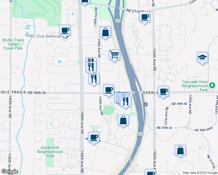 map of restaurants, bars, coffee shops, grocery stores, and more near 15120 Northeast 40th Street in Redmond