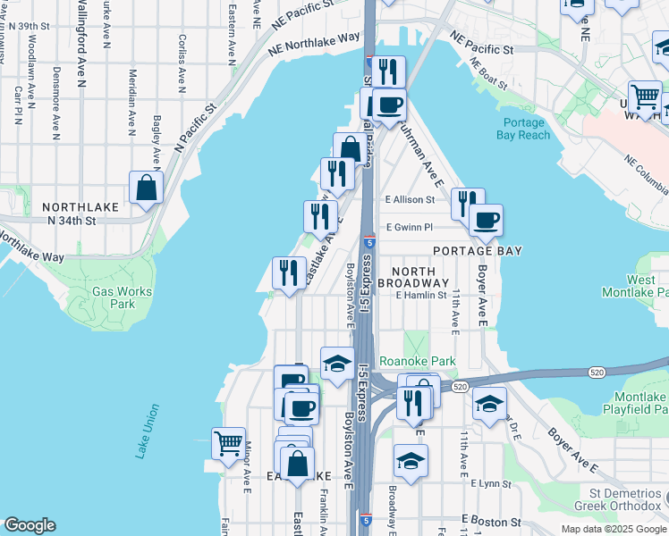 map of restaurants, bars, coffee shops, grocery stores, and more near 2803 Boylston Avenue East in Seattle