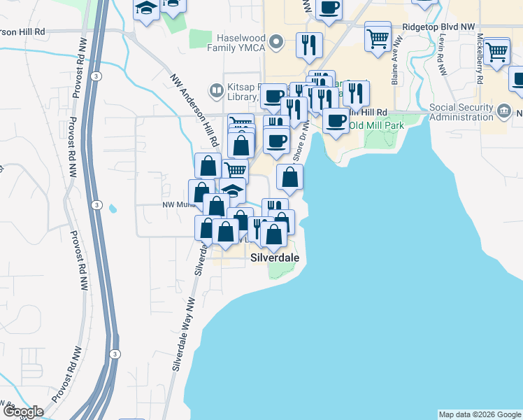 map of restaurants, bars, coffee shops, grocery stores, and more near 3882B Northwest Carlton Street in Silverdale