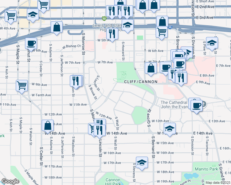 map of restaurants, bars, coffee shops, grocery stores, and more near 723 West Sumner Avenue in Spokane