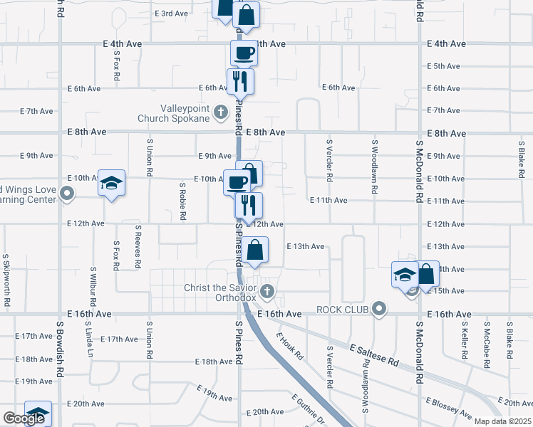 map of restaurants, bars, coffee shops, grocery stores, and more near 12320 East 12th Avenue in Spokane Valley