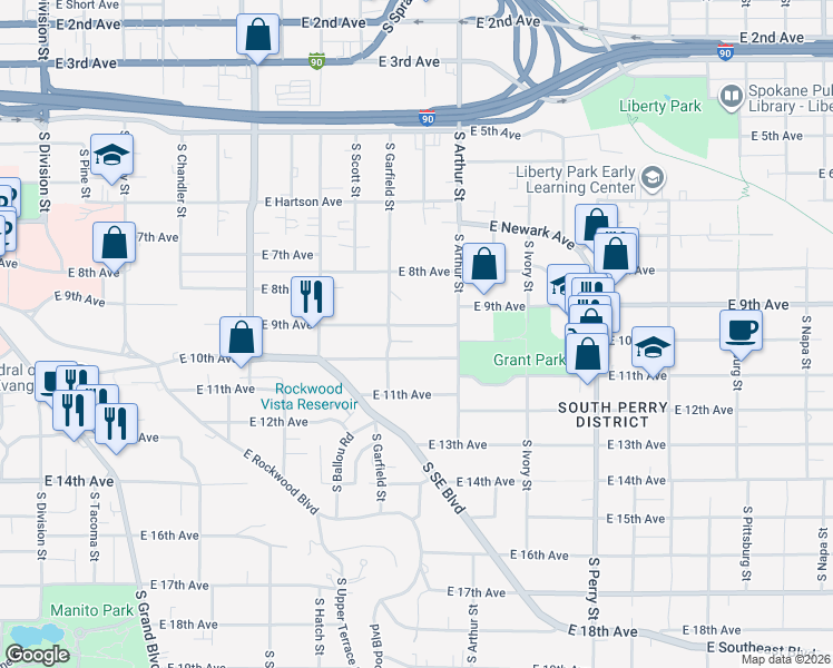 map of restaurants, bars, coffee shops, grocery stores, and more near 909 East 10th Avenue in Spokane
