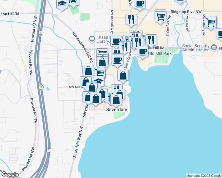 map of restaurants, bars, coffee shops, grocery stores, and more near 9161 Washington Avenue Northwest in Silverdale