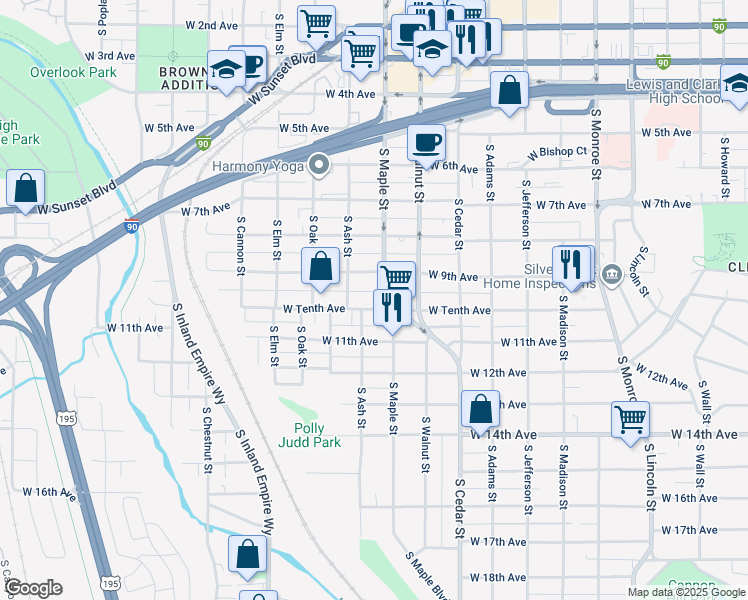 map of restaurants, bars, coffee shops, grocery stores, and more near 1627 West Tenth Avenue in Spokane