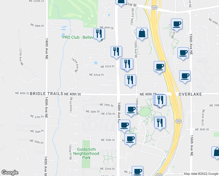 map of restaurants, bars, coffee shops, grocery stores, and more near 14701 Northeast 40th Street in Bellevue