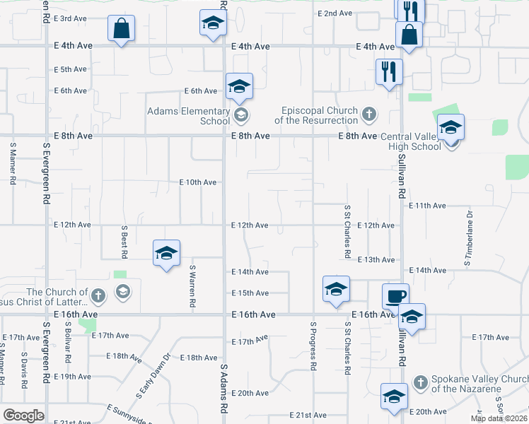 map of restaurants, bars, coffee shops, grocery stores, and more near 14816 East 12th Avenue in Spokane Valley