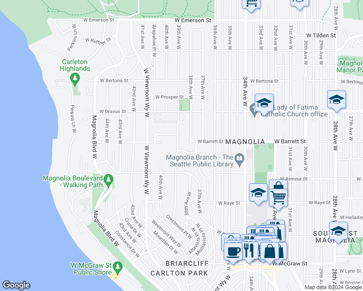 map of restaurants, bars, coffee shops, grocery stores, and more near 2854 39th Avenue West in Seattle