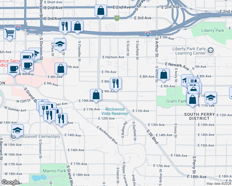 map of restaurants, bars, coffee shops, grocery stores, and more near in Spokane