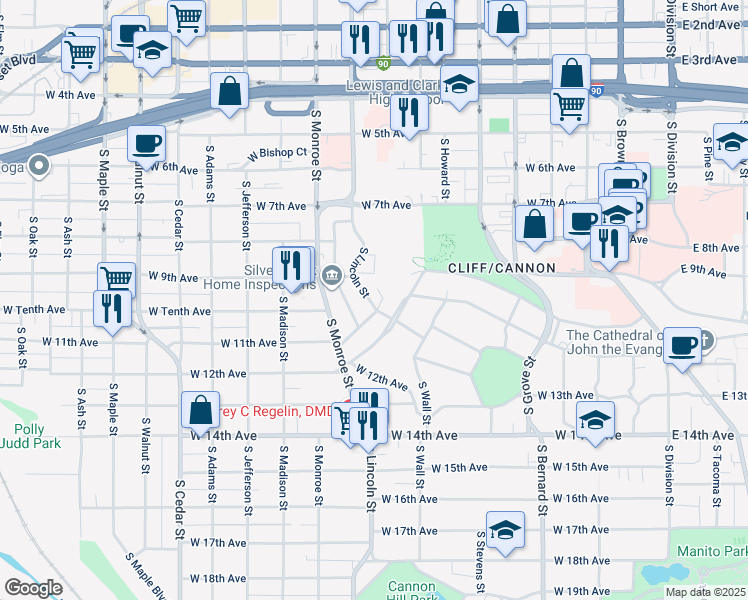 map of restaurants, bars, coffee shops, grocery stores, and more near 808 West 11th Avenue in Spokane