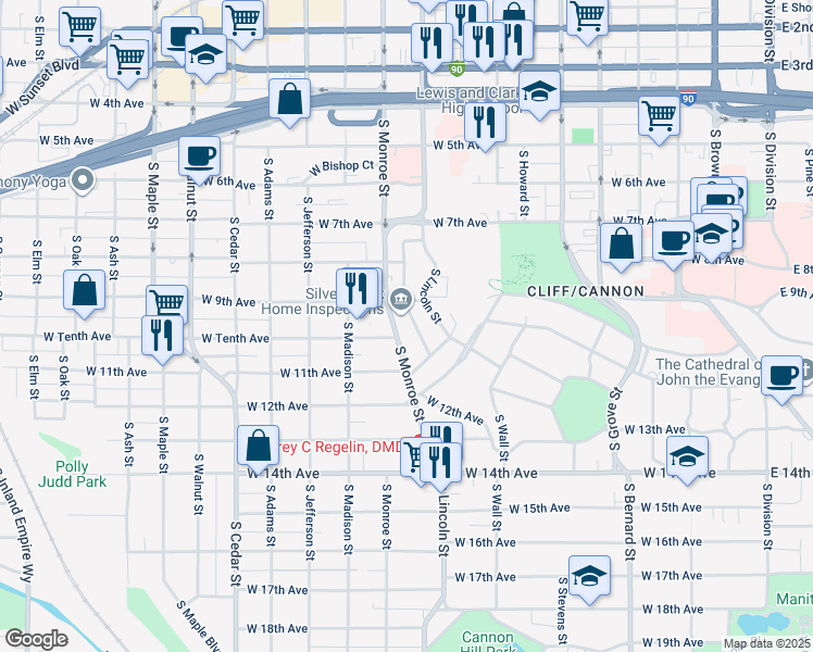 map of restaurants, bars, coffee shops, grocery stores, and more near in Spokane