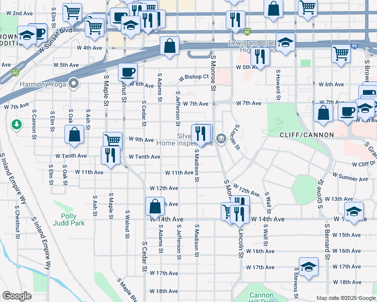 map of restaurants, bars, coffee shops, grocery stores, and more near 1117 West Tenth Avenue in Spokane