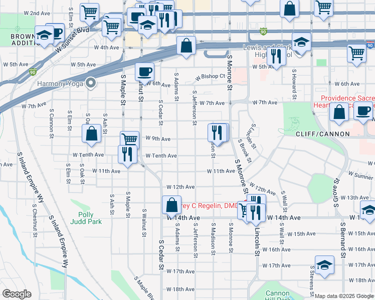 map of restaurants, bars, coffee shops, grocery stores, and more near 1221 West Tenth Avenue in Spokane