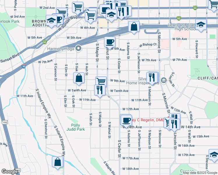 map of restaurants, bars, coffee shops, grocery stores, and more near 1421 West Tenth Avenue in Spokane