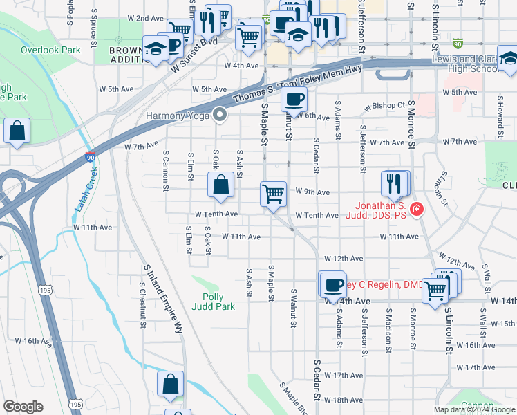 map of restaurants, bars, coffee shops, grocery stores, and more near 1627 West Tenth Avenue in Spokane