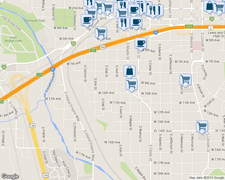 map of restaurants, bars, coffee shops, grocery stores, and more near 1733 West Tenth Avenue in Spokane