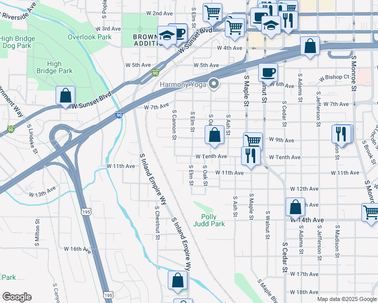 map of restaurants, bars, coffee shops, grocery stores, and more near 1915 West Tenth Avenue in Spokane