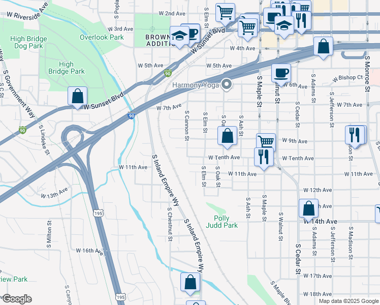 map of restaurants, bars, coffee shops, grocery stores, and more near 1915 West Tenth Avenue in Spokane