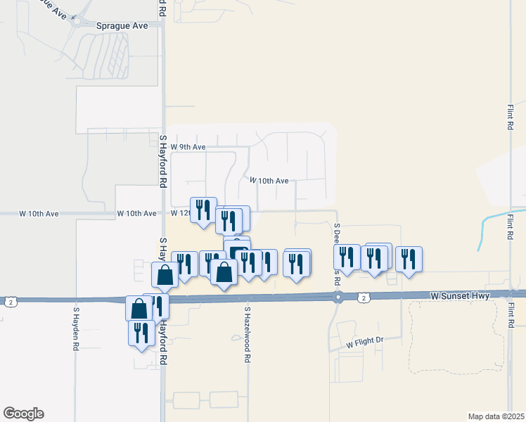 map of restaurants, bars, coffee shops, grocery stores, and more near 1122 South Hazelwood Road in Spokane