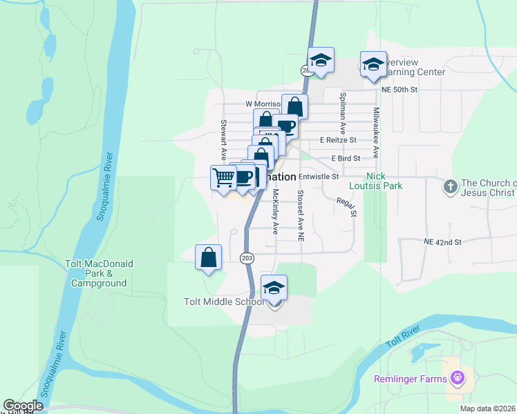 map of restaurants, bars, coffee shops, grocery stores, and more near 4210 Tolt Avenue in Carnation