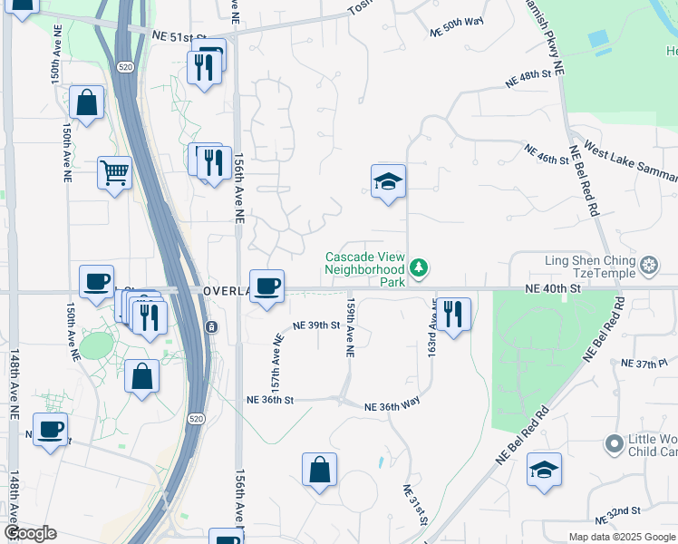 map of restaurants, bars, coffee shops, grocery stores, and more near 15907 Northeast 40th Way in Redmond