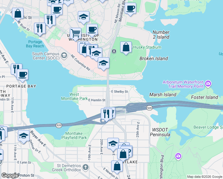 map of restaurants, bars, coffee shops, grocery stores, and more near in Seattle