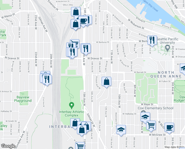 map of restaurants, bars, coffee shops, grocery stores, and more near W Barrett St & 14th Ave W in Seattle