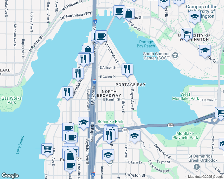 map of restaurants, bars, coffee shops, grocery stores, and more near 2833 10th Avenue East in Seattle