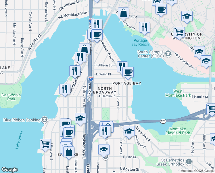 map of restaurants, bars, coffee shops, grocery stores, and more near 2808 Broadway East in Seattle
