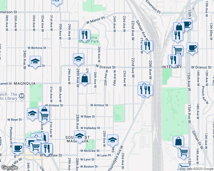 map of restaurants, bars, coffee shops, grocery stores, and more near 2926 25th Avenue West in Seattle