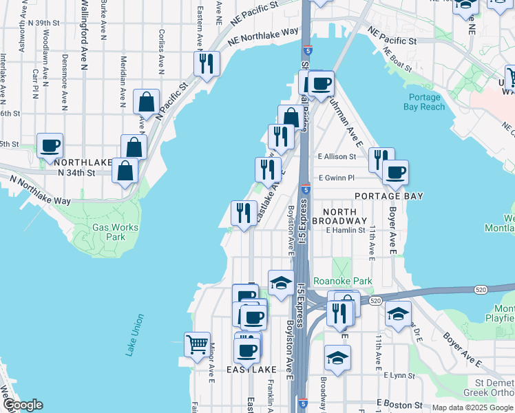 map of restaurants, bars, coffee shops, grocery stores, and more near 2810 Eastlake Avenue East in Seattle