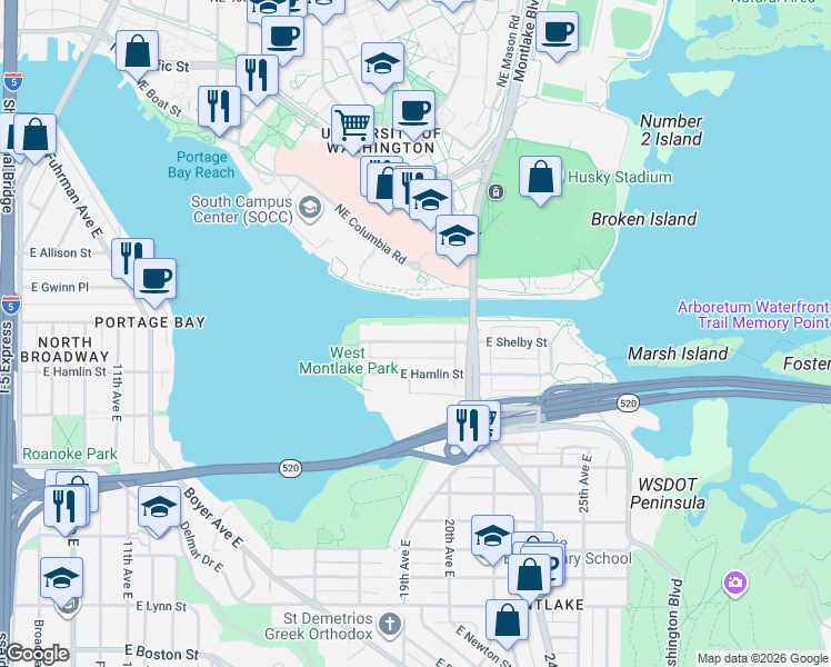 map of restaurants, bars, coffee shops, grocery stores, and more near 1852 East Shelby Street in Seattle