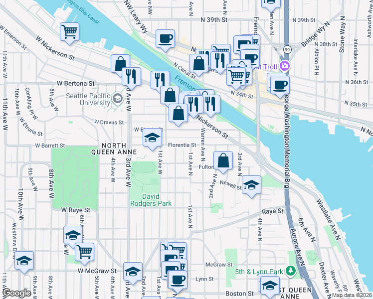 map of restaurants, bars, coffee shops, grocery stores, and more near 2927 1st Avenue North in Seattle