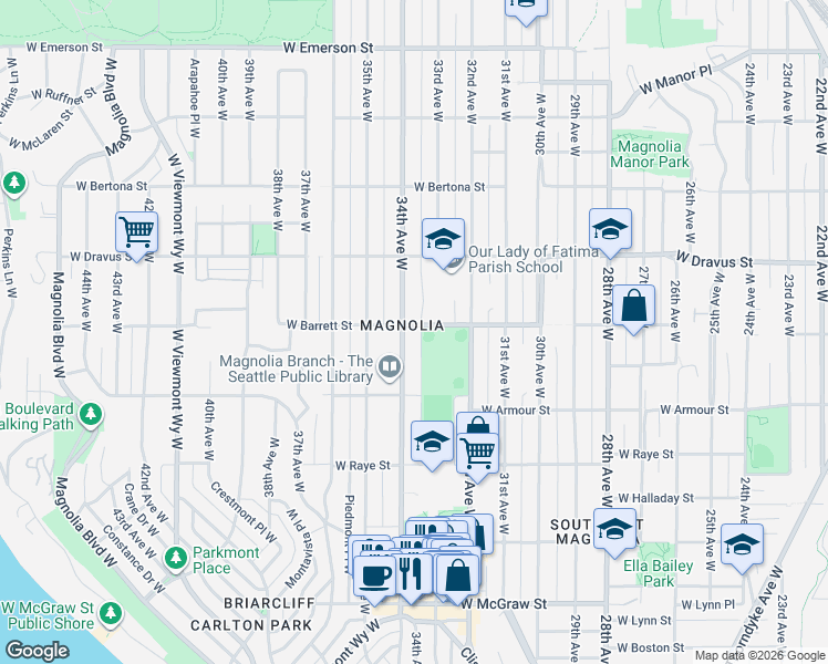 map of restaurants, bars, coffee shops, grocery stores, and more near 2836 34th Avenue West in Seattle