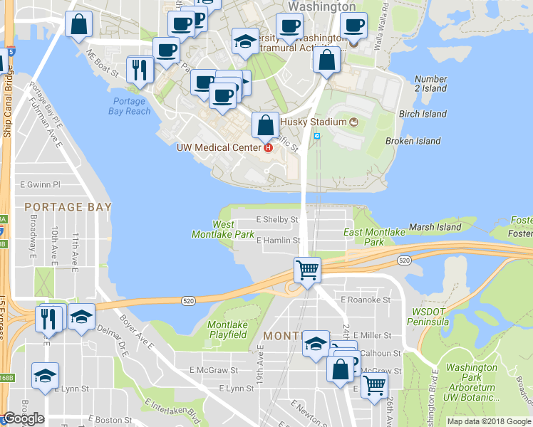 map of restaurants, bars, coffee shops, grocery stores, and more near 1852 East Shelby Street in Seattle