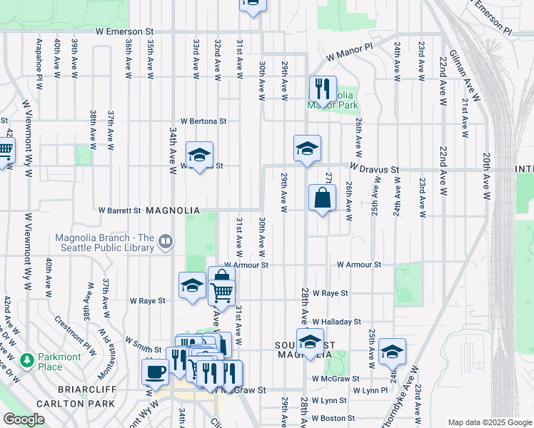 map of restaurants, bars, coffee shops, grocery stores, and more near 2874 30th Avenue West in Seattle