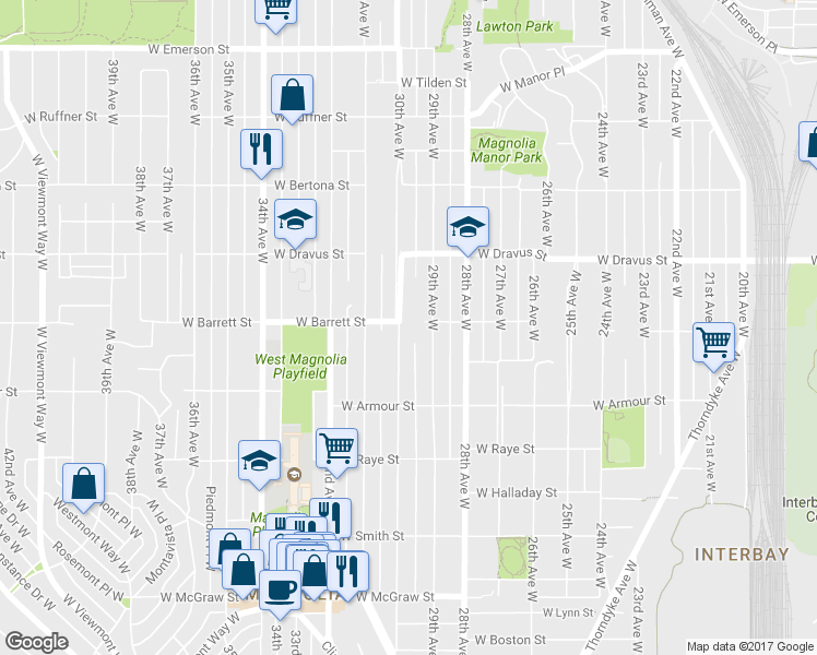 map of restaurants, bars, coffee shops, grocery stores, and more near 2874 30th Avenue West in Seattle
