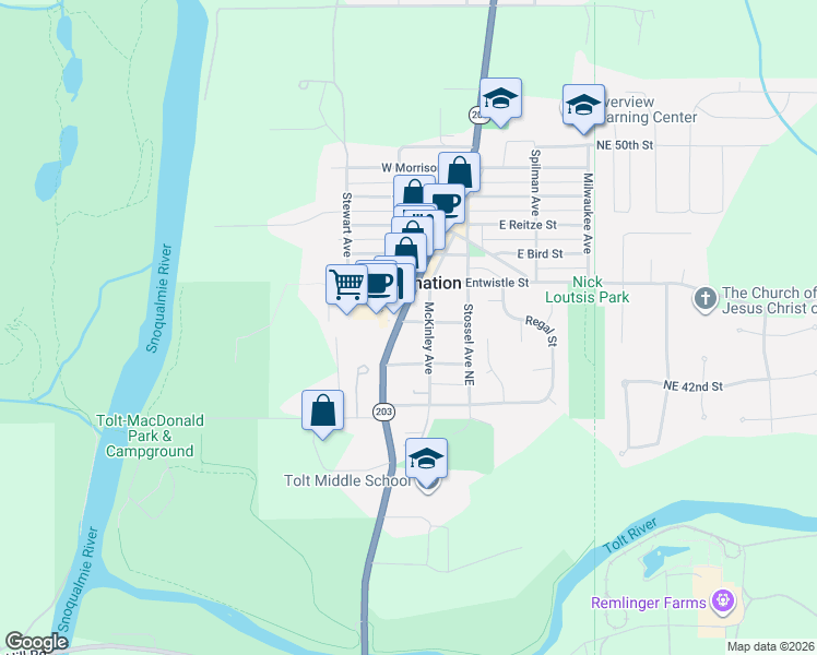 map of restaurants, bars, coffee shops, grocery stores, and more near 31843 East Eugene Street in Carnation