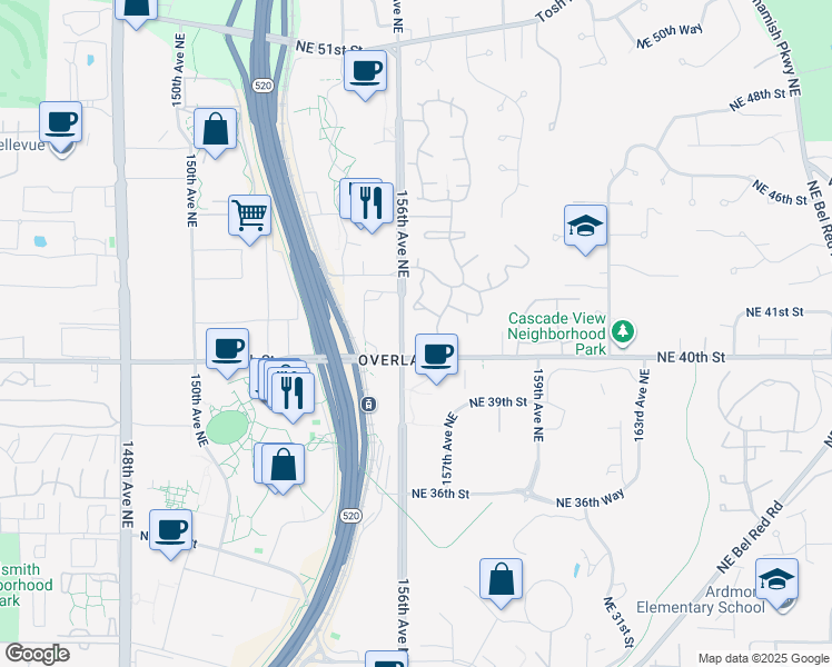 map of restaurants, bars, coffee shops, grocery stores, and more near 15602 Northeast 40th Street in Redmond